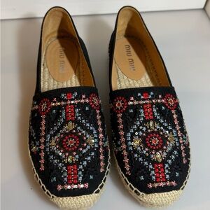 Miu Miu Black and Red Embroidered Espadrilles
